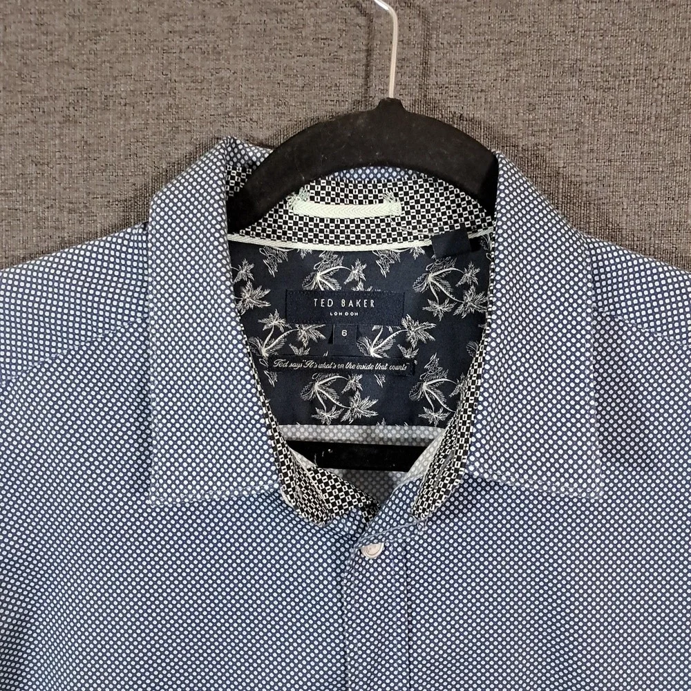 Ted Baker Shirt Mens 6 XL Short Sleeve Blue Geometric‎ Slim Office Pocket Cotton